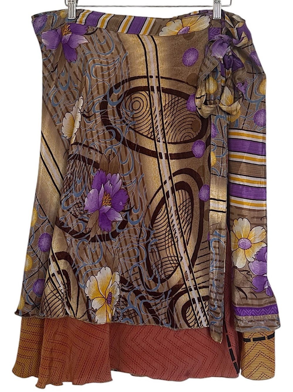 Women’s Purple Tan Floral Wrap Midi Skirt  Boho Adjustable Waist One Size Hippie